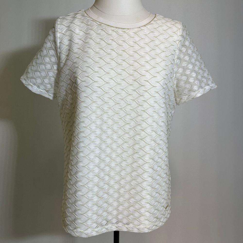 NWT Anne Klein White Gold Textured Knit Blouse Womens Size Petite Medium PM NEW